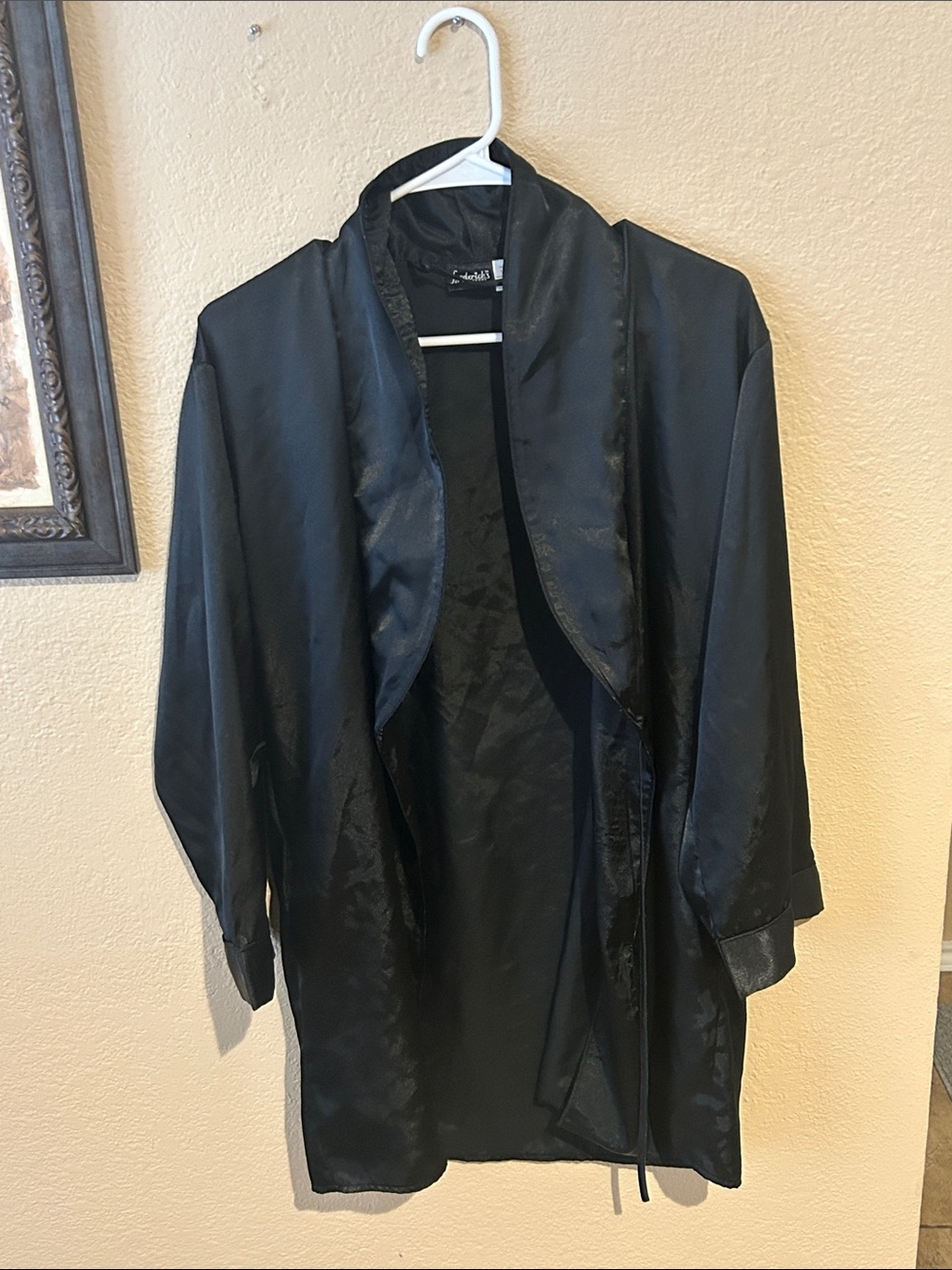 Frederick’s of Hollywood Black Satin Robe Jacket Small Lingerie Style Open Front